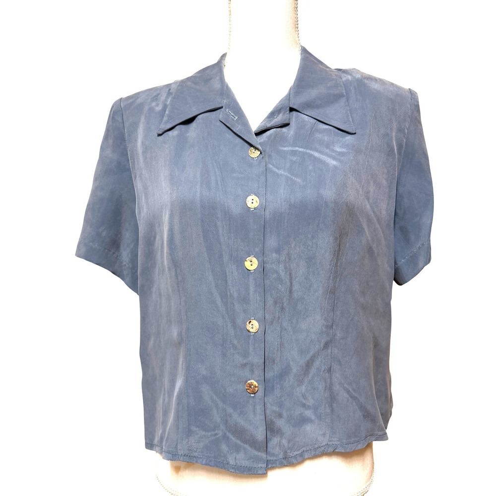 K Studio Vintage Blue Rayon Short Sleeve Button Down Split Back Blouse Size 14